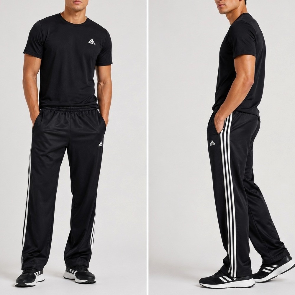 Adidas Climalite Mens  Large Black White 3 Stripe Track Pants Zip Ankle‎ Warm Up